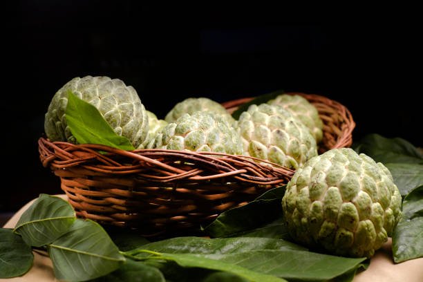 Custard Apple or Sugar apple in basket with green leaf, healthy fruit.